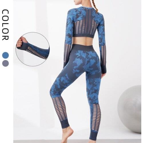 2PCS Camouflage Set Women Yoga Suit Sport Set Gym Workout Clothes Long Sleeve Fitness Crop Top High Waist Seamless Camo Leggings