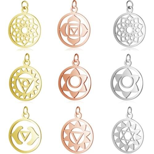 5pcs/lot Yoga 7 Chakra DIY Charms Wholesale 100% Stainless Steel Healing Pendant Lotus Orgone Energy 7-Chakra Connectors Charm