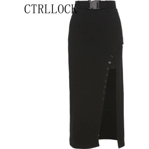 CTRLLOCK Gothic Punk Knee Skirt Women High Waist Lace Buckles Side Open Skirts Female Harajuku Summer