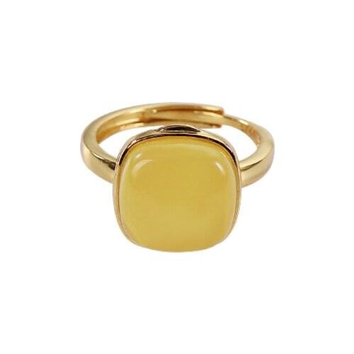 S925 sterling silver gold plated Natural Amber Beeswax Ring Retro Simple Can be opened Perfume bag Square ring
