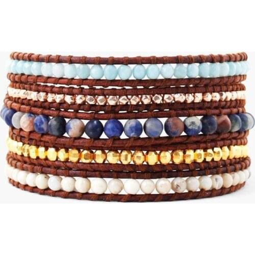 Amazonute mix matte sodalite stone leather wrap bracelet leather new usa ethnic style