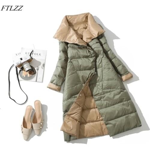 FTLZZ Winter New Women Stand Collar White Duck Down Long Jacket Double Breasted Warm Snow Parkas Double Sided Down Coatovet