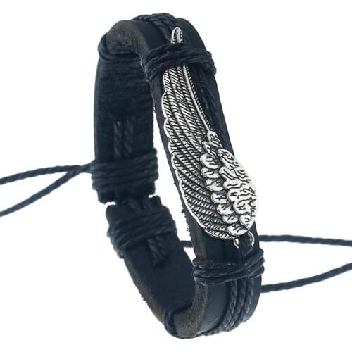 Fashion Vintage Wings Feather Charms Black Cuff Leather Bracelet Bangle Wrap Wristbands Retro Handmade Men Women Hiphop Jewelry