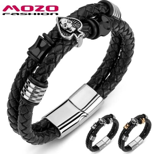 2020 Men Bracelet Braided Genuine Leather Chain Stainless Steel Red Peach Skull Bracelet Punk Bangle Jewelry