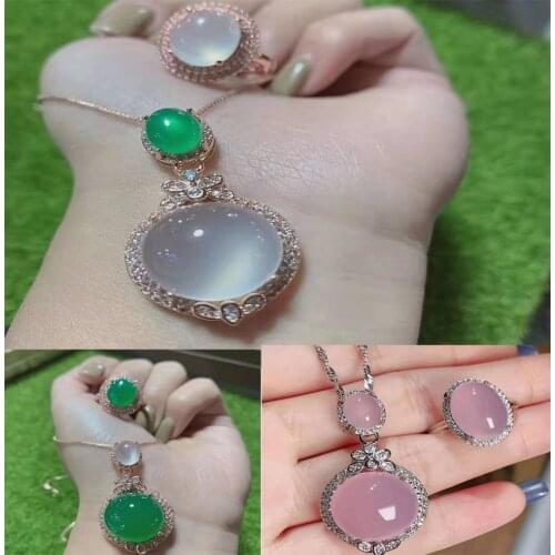 Natural agate, ice type, chalcedony pendant, white green, pink, jade ring set, double silver set 925S