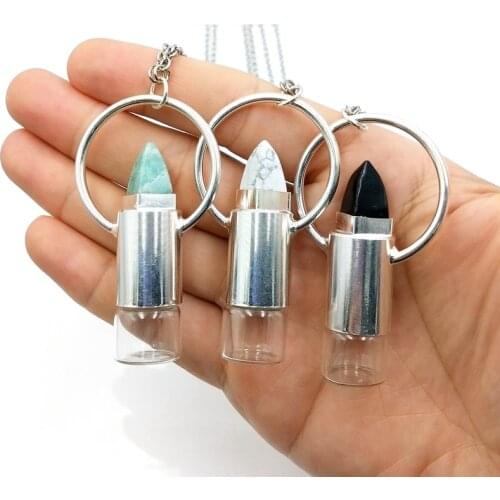 Natural Crystal Quartz Rollerball Perfume Bottle Gems-Stone Essential Oil Diffuser Bullet Pendant Pointed Cap Massage Vial Charm