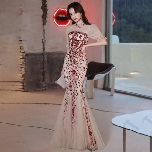 New High Neck Elegant Evening Dresses Short Sleeves Simple Mermaid Pleat Floor-length Plus size Women Formal Party Dress C1114