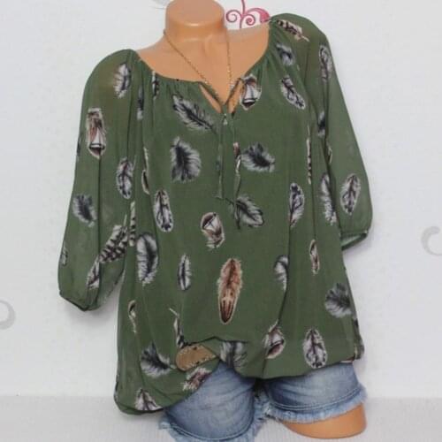 Feather Floral Print Lace Up Long Sleeve Women Blouses Top Casual Loose Summer Plus Size Chiffon Fabric Shirt Blusas Mujer 2 P5