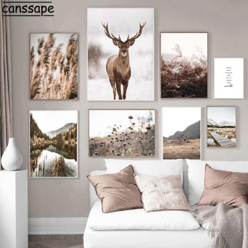 Deer Poster Lake Canvas Painting Landscape Prints Dead Grass Wall Art Print Nordic Wall Pictures For Living Room Home Decor