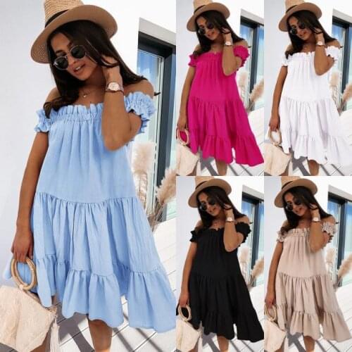 Echoine Solid Sexy Off Shoulder Slash Mini Dress Casual Ruffle Party Dress Women Casual Elegant Loose Mini Dress Ladies Cothing