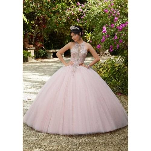 Dresses 2021 Sweet 16 Ball Gown Halter Lace Beads Sequins Backless Princess Party