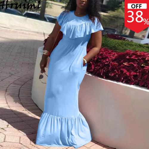 Casual Womens Dresses Solid Color High Waist Ruffled Fashion Chic Plus Size Short Sleeve Long Dress Summer Ladies Elegant Party