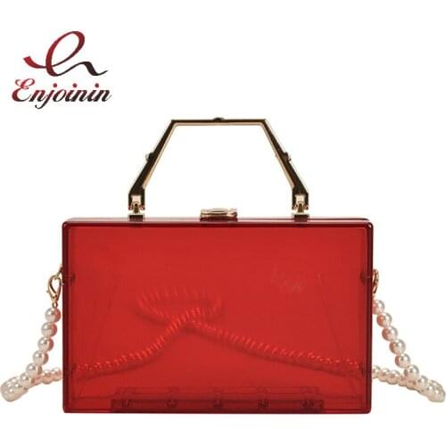 Transparent Acrylic Box Fashion Women Party Clutch Female Top Handle Purses and Handbags Designer Shoulder Bag Pearl Long Chain
