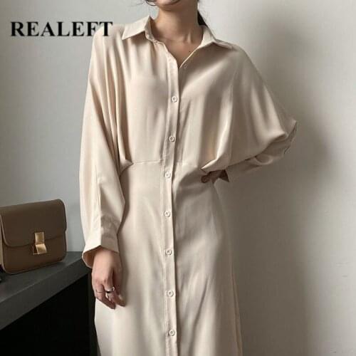 REALEFT 2021 New Spring Autumn Womens Long Shirt Dress Chic Lace Up Batwing Sleeve Korean OL Casual Loose Shirt Dresses Lady