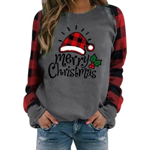 Christmas Hoodie Sweatshirts Oversized Women Plaid Splicing Pullover Harajuku Long Sleeve Tops Casual Autumn Crew Neck Blouse