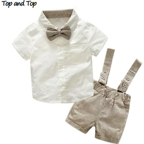 Top and Top Fashion Baby Boys Gentleman Clothing Sets Short Sleeve Shirt with Bow Tie +Suspenders Shorts Formal Boys Outfits