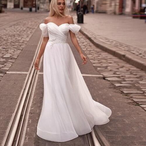 Off the Shoulder Short Puff Sleeves Wedding Dresses A Line Bridal Gowns Sweetheart Pleated Bodice Floor Length Bride Dresses