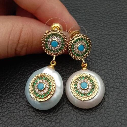 Cultured White Coin freshwater Pearl blue Cz pave Stud Earrings Geometric Gold Color Coin Imitation Pearls Earrings