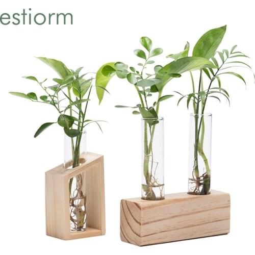 Nordic glass vase,hydroponic plant container, Transparent Vase for flowers,wood stand home office Decor desktop vase decoration