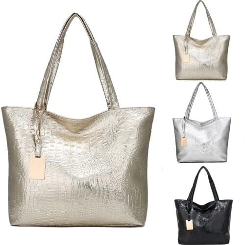 Leather Waterproof Totes Women Fashion Alligator Solid Silver Large Capacity Shoulder Bags Ladies Handbag Shopping Beach Bags