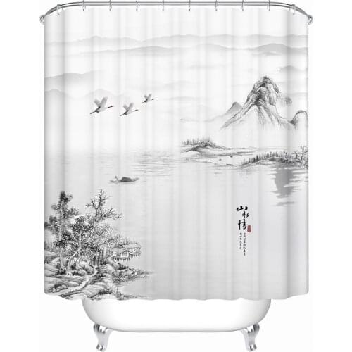 Traditional Chinese Ink and Wash Painting Landscape Paintings Shower Curtain Black and White Artistic Conception with Hooks