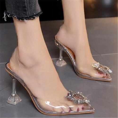 Women sandals 2020 Transparent High Heels Sexy Pointed Toe Slip-on Wedding Party Brand Fashion Shoes for Lady Thin Heels
