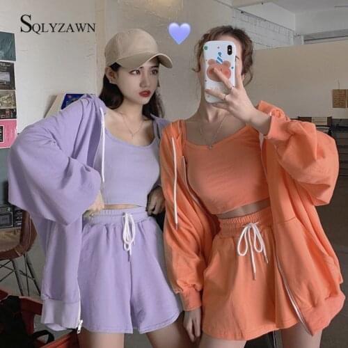 Summer Autum Women Three Piece Matching Sets Casual Solid Hooded Jacket + Crop Top + Shorts Suit Set 3 Piece Set Sporty Outfits