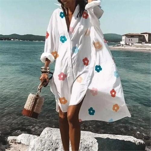 New Fall Summer Women V Neck Button Print Dress Casual Elegant Long Sleeves Irregular Shirt-Dress Loose Sexy Beach Party Dresses
