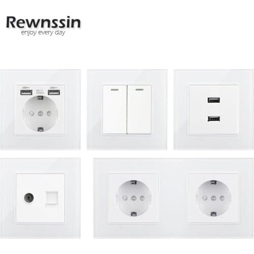 EU French Socket With USB RJ45 TV Wall Outlet LED Data Plug Light Port 1 2 3 4 Gang Push Button Switch White Crystal Glass Panel