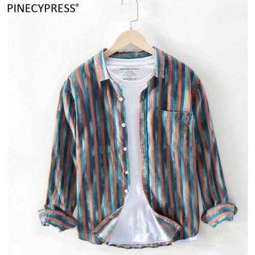 100% Linen Cool Breathable Anti-static Anti-radiation Quality Man Fashion Shirt Spring Summer Male Stripe Long Sleeve Men Shirts
