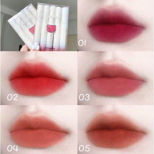 5pcs Polar Bear Lip Glaze Set Lip Gloss Lip Mud Matte Lip Glaze Sexy Lipstick Waterproof Pigment Makeup With Strong Box TSLM1
