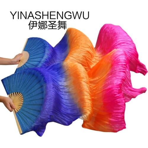 Stage Performance 100% Silk Belly Dance Fans Gradient Colour Dance Accessories Belly Dancing Silk Fans purple+orange+rose