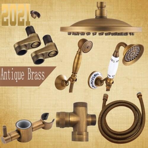 Antique Brass Bathroom Shower Faucet Accessory 8" Rain Shower Head/Hand Shower/150cm Hose/Angle Valve/Bracket
