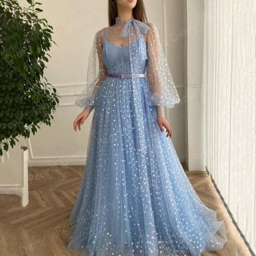 Arabic Elegant Blue Muslim Evening Dresses Illusion Long Sleeves Dubai Women Wedding Party Robe De Soiree Plus Size Prom Gowns
