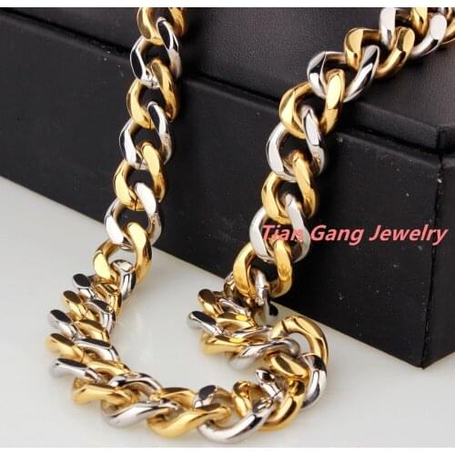 Popular 316L Stainless Steel SilverGold Color Curb Cuban Chain Necklace Bracelet For Mens And Boys 7-40" 15mm