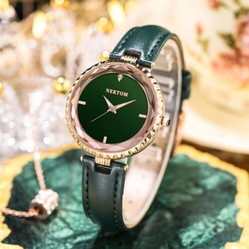 NEKTOM Women Elegant Dress Green Leather Wristwatches Top Brand Luxury Fashion Waterproof Quartz Ladies Watch Girlfriend Gift