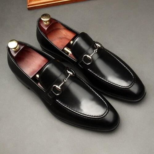 Large Size EUR45 Black Mens Loafers Casual Business Shoes Genuine Leather Wedding Dress Shoes With Buckle