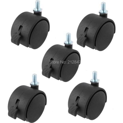 Black Nylon 2" Twin Wheel M8 x 15mm Threaded Stem Brake Swivel Casters 5pcs