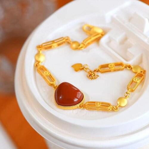 "Senz" Classic Southern Red Agate Heart Bracelet Ancient Sterling Silver Gilding Bracelet Fashion All-Matching Internet Celebrit