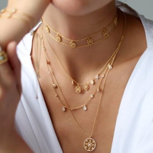 Fashion Jewelry Ladys Gold Color Crystal Round Pendant Necklace Double Layer Chain Shiny Cz Choker & Necklaces For Women 2021