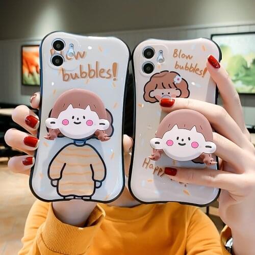 Cartoon Cute Little Girl Stand Phone Case For Iphone 11 12 Pro Max Xr Xs Max 7 8Plus Super Cute Case Silicone For Huawei P30 P40