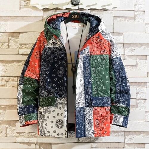 2021 Mens Winter Warm Jacket Coat Patchwork Vintage Painting Harajuku Padded Puffer Jacket Oversize Male Parka Mens Clothing