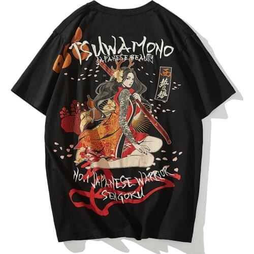2020 new Japanese fashion brand embroidery ukiyo-e print beauty warrior sexy girl cotton short-sleeved T-shirt mens clothing