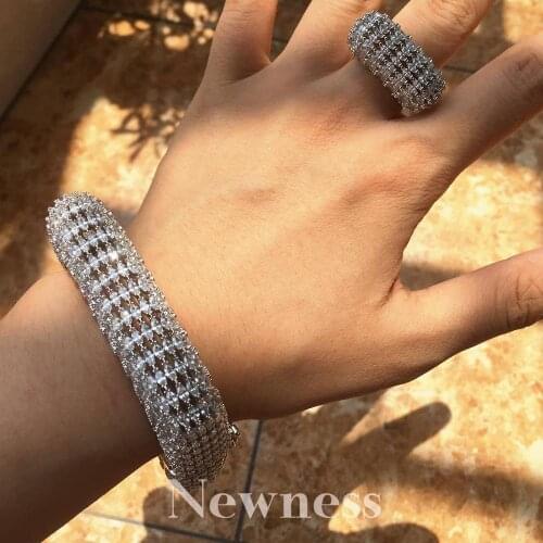 Newness Shiny Full Zircon Flowers AAA Cubic Zirconia Copper Party Saudi Arabic Dubai Bangle Ring Set Wedding