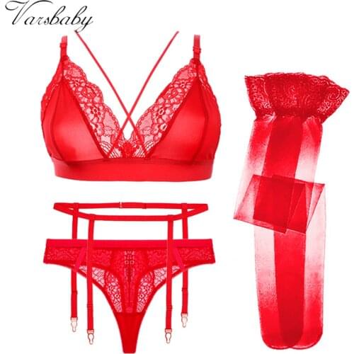 Varsbaby sexy transparent yarn breathable bra set ventilate Bra+ Panties++Stockings +Thong4Pcs
