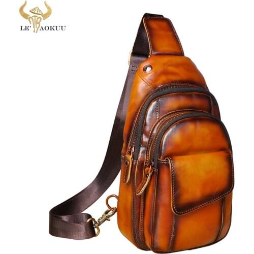 Men Cow Real Leather Casual Fashion Triangle Tea Crossbody Chest Sling Bag Design Travel One Shoulder Bag Daypack Male 8013
