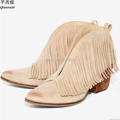 Qianruiti Women Fringes Ankle Boots Deep V Tasseled Booties Block Chunky Heels Slip On Cowboy Boots Beige Black Shoes Women Boot