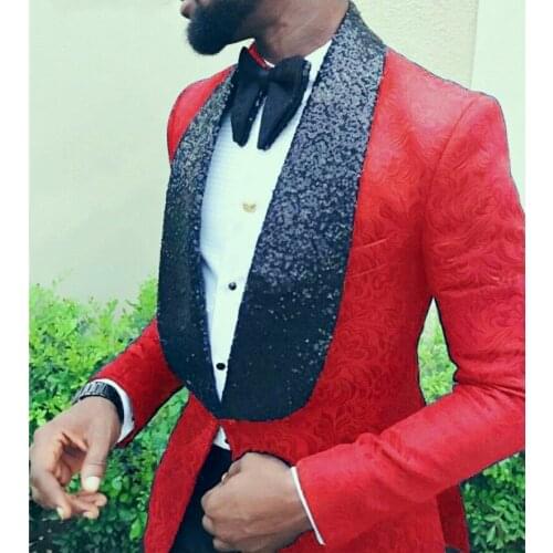 Wedding Suits For Men 2020 Custom Made Prom Tuxedo Dress Groom Shawl Sequin Lapel Men Wedding Suits Best Man Red Floral Blazer