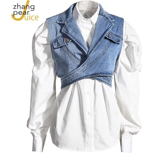 Spring Women White Shirts Two Pieces Set Femme Denim Women White Tops Vest Female Casual Suit Set Streetwear