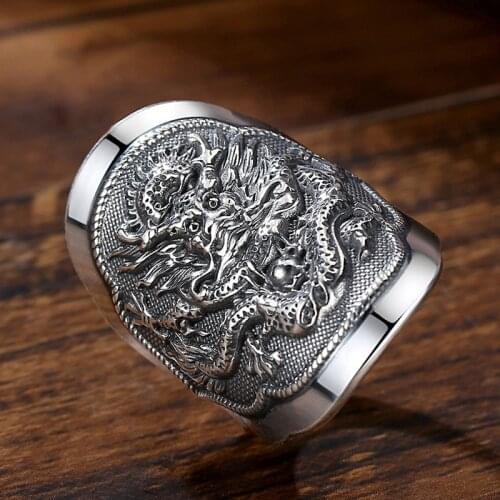 RetroSen Vintage Creative Silver Male Personality Trendy Chinese Zodiac Dragon Opening Adjustment Ring Jewelry Accessory